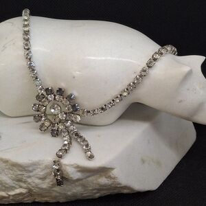 VINTAGE Crystal Rhinestone Floral Asymmetrical Drop Necklace - Silver Tone